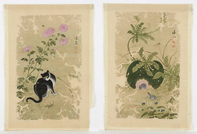 화훼영모화첩 수리복원 전 '추일한묘'(왼쪽)와  '서과투서'<대구간송미술관 제공>