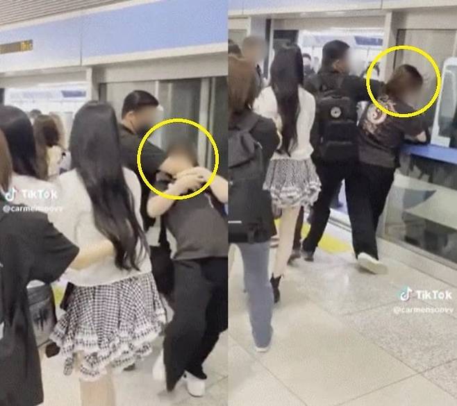 걸그룹 하츠투하츠 경호원이 공항에서 시민을 저지하고 있다./ 틱톡