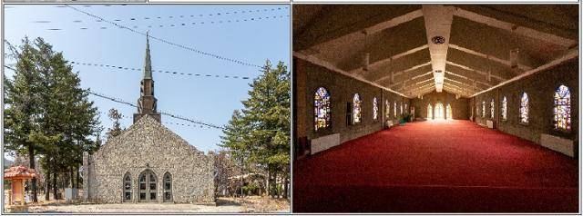 경기 의정부시 캠프 레드클라우드(CRC) 내 존치가 결정된 16개 건축물 중 하나인 예배당 내외부. 의정부시 제공