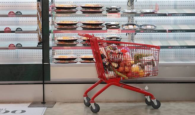 서울 시내의 한 마트 장바구니 카트가 놓여있다.  /사진=연합뉴스