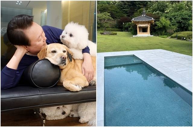 2023년 3월 서울 용산구 한남동 관저에서 반려견들과 휴식하는 윤석열 전 대통령. 오른쪽 사진은 한남동 관저 정원에 설치된 대형 수조. 대통령실 제공, 박홍근 더불어민주당 의원 페이스북 캡처