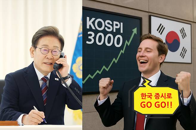 이재명 대통령이 지난 6일 서울 용산구 한남동 관저에서 도널드 트럼프 미국 대통령과 전화 통화를 하기 위해 수화기를 들고 있다. [챗GPT를 사용해 제작함, 연합, 신동윤 기자 정리]