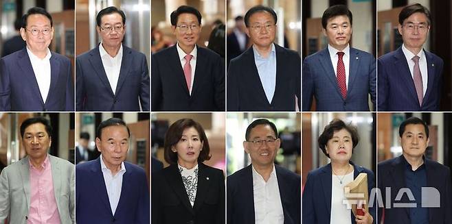 [서울=뉴시스] 권창회 기자 = 국민의힘 의원들이 9일 오전 서울 여의도 국회 원내대표실에서 4선 의원 이상 회의에 참석하고 있다. 사진 왼쪽 위부터 김도읍, 이종배, 김상훈, 윤재옥, 윤영석, 조경태, 김기현, 박덕흠, 나경원, 주호영, 조배숙, 박대출 의원.2025.06.09. kch0523@newsis.com
