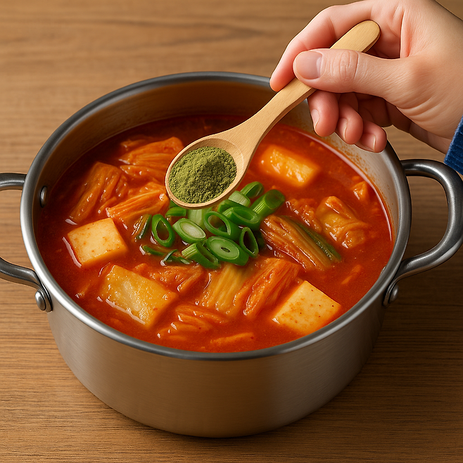 찌개에 녹색 가루 한 스푼을 넣으려는 모습