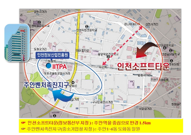 ▲ 주안벤처촉진지구는 지난 2000년 11월 중소벤처기업부에 의해 지정됐다. 주안1동부터 6동 및 도화동 일원 0.73㎢의 면적에 해당하는 지역이다. 다음은 2012년 당시 주안벤처촉진지구의 위치를 표시한 자료. /자료=인천연구원