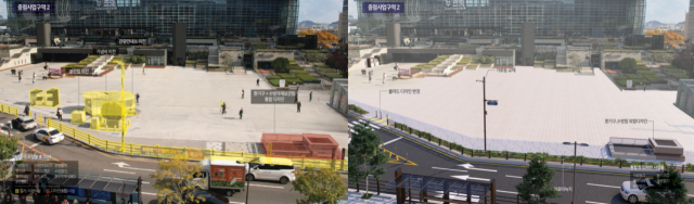 부산역 광장의 지금 모습(왼쪽)과 도시 비우기 시범사업으로 보행을 방해하는 각종 시설물을 정비하고 난 뒤의 예상 모습. 부산시 제공