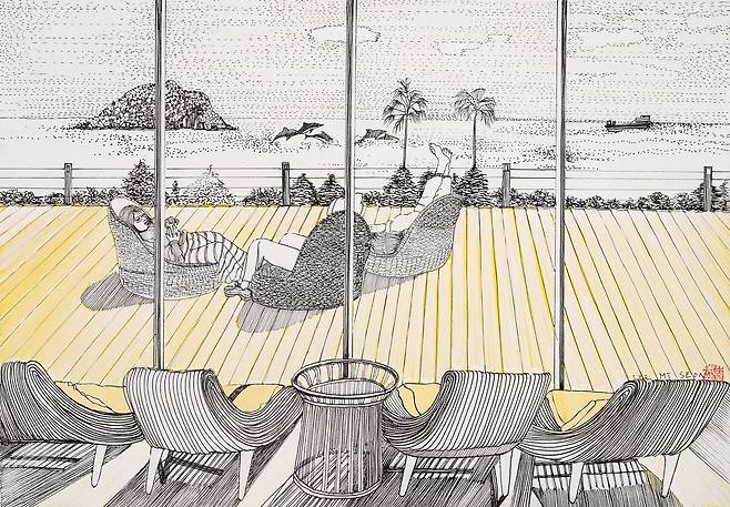 치유의정원에서 커피한잔 하실래요,&nbsp; &nbsp;51x35.5cm,&nbsp; &nbsp;종이위에 드로잉,&nbsp; &nbsp;2025 / 사진=이미선
