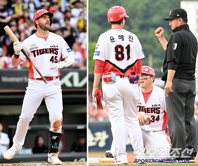 4회말 무사 1루 위즈덤의 1루 땅볼때 채은성의 재치 있는 플레이로 1루주자 최형우까지 아웃되며 더블 플레이가 만들어지고 있다.