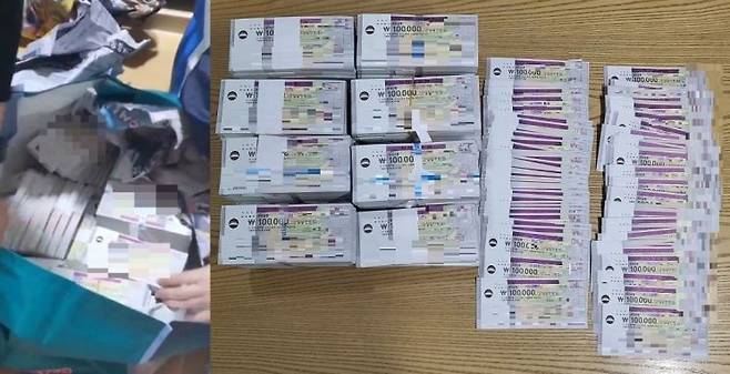 국세청이 수색을 통해 찾은 5억원 어치의 수표다발. (사진= 국세청)