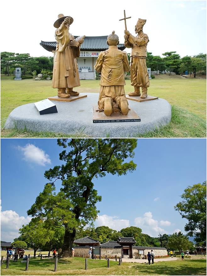 (위) 옛 순교장면을 재현한 동상 (아래) 해미읍성 순교터