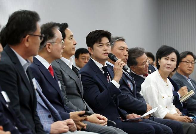 김용태 국민의힘 비상대책위원장이 10일 서울 여의도 중앙당사에서 열린 원외당협위원장 간담회에서 발언하고 있다. ⓒ뉴시스