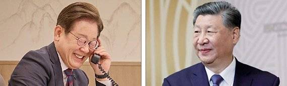 이재명 대통령이 10일 서울 용산 대통령실에서 시진핑 중국 국가주석과 전화 통화를 하고 있다. 오른쪽 사진은 시진핑 주석 대통령실 제공·AP뉴시스