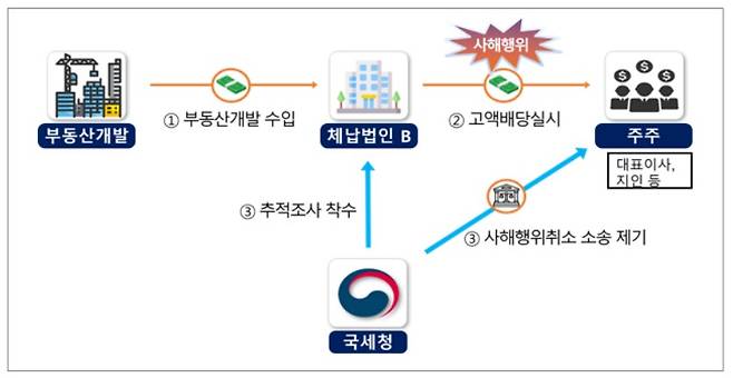 추적사례: 법인세 신고단계부터 공모하여 편법배당을 통해 껍데기 회사를 만들어 체납세금을 회피한 경우. (국세청 제공)
