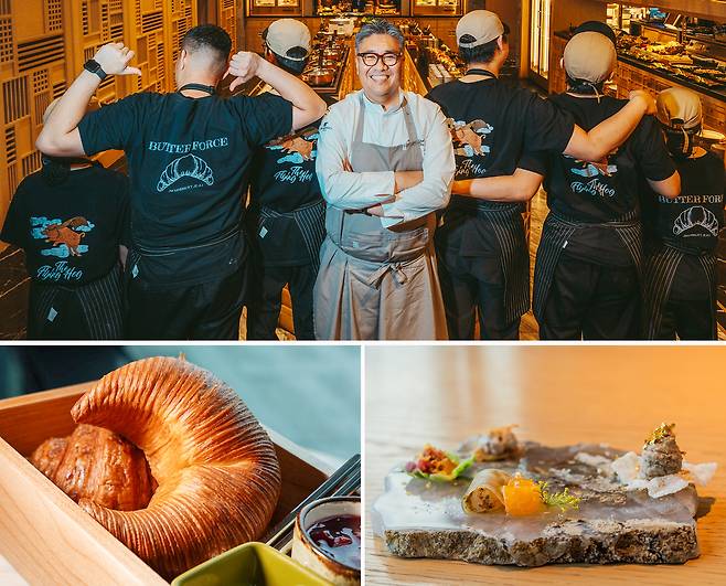 JW 메리어트 제주의 하형수 총주방장이 주방 스태프들과 한 자리에 섰다. 아래 왼쪽 사진은 시그니처 크루아상. 조식 때 갓 구운 크루아상을 모든 테이블에 가져다 준다. 아래 오른쪽 사진은 '더 플라잉 호그'의 식전 요리. 서귀포의 감귤과 새우, 우도의 땅콩 등 제주도의 대표 여행지에서 영감을 받아 메뉴를 구성했다. 백종현 기자