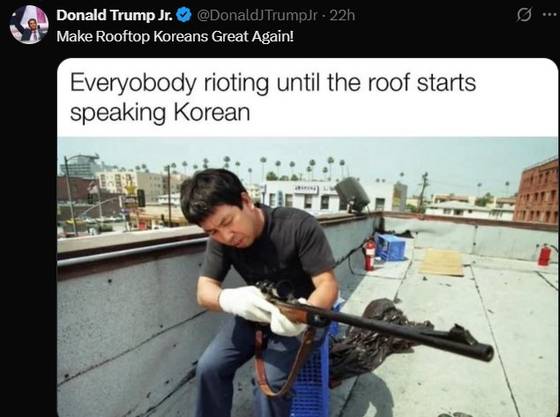도널드 트럼프 주니어는 9일 트루스소셜에 "옥상 위의 한국인들을 다시 위대하게!(Make Rooftop Koreans Great Again!)"이라는 글과 함께 사진 한 장을 올렸다. 사진 트루스소셜 캡처