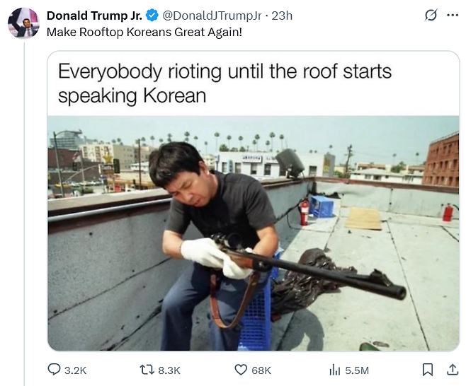 도널드 트럼프 미국 대통령의 장남 도널드 트럼프 주니어가 8일(현지시간) SNS 엑스에 올린 LA 폭동 당시 한인 자경단 사진. 엑스 갈무리