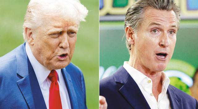 도널드 트럼프 미국 대통령이 9일(현지시간) 백악관 사우스론에서 취재진의 질문에 답하고 있다. 오른쪽 사진은 로스앤젤레스 시위 대응을 놓고 트럼프 대통령과 첨예하게 대립 중인 개빈 뉴섬 캘리포니아 주지사. EPA로이터연합뉴스