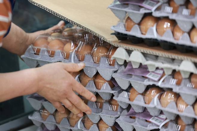 서울 서초구 하나로마트 양재점에서 직원이 계란을 정리하고 있다. [연합]