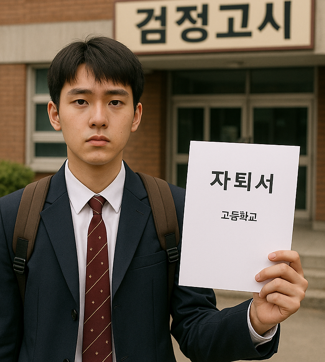 지난해 고등학교를 그만둔 ‘학업중단 학생’이 1만8498명으로 5년새 최고치를 기록했다. 사진은 고등학교에 자퇴서를 내는 학생. [챗gpt를 통해 제작]