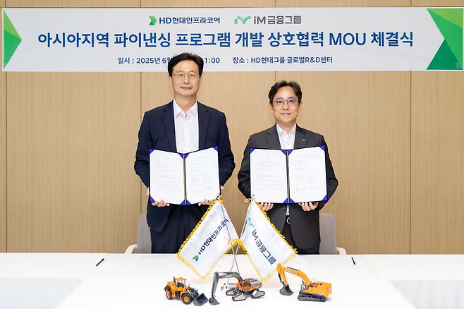 천병규(오른쪽) iM금융지주 그룹경영전략총괄 부사장과 문재영 HD현대인프라코어 건설기계사업본부장이 지난 5일 해외 시장 진출 확대와 금융 경쟁력 강화를 위한 글로벌 사업 협약을 체결하고 있다.  [iM금융그룹 제공]