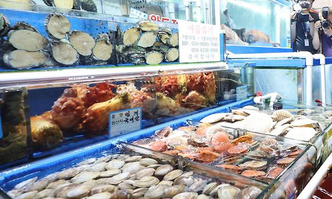 수산시장에 해산물이 진열돼 있다. 연합뉴스