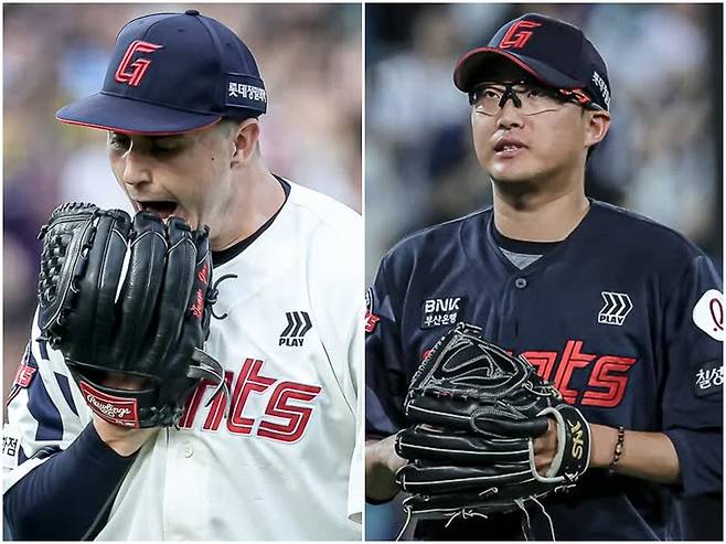 5월 중순 이후 나란히 슬럼프를 겪고 있는 롯데 자이언츠 투수 터커 데이비슨(왼쪽)과 박세웅. 사진 롯데 자이언츠