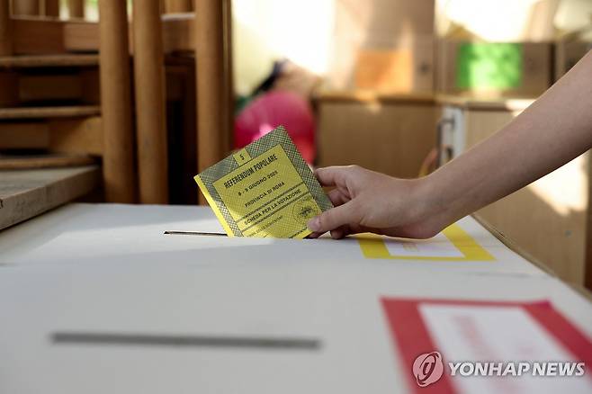 이탈리아 국민투표 (로마 로이터=연합뉴스) 8일(현지시간) 이탈리아 수도 로마의 한 투표소에서 국민투표가 진행되고 있다. 2025.06.08 photo@yna.co.kr