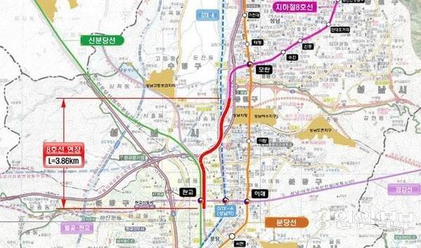 지하철 8호선 판교 연장’ 예상 노선도. /경인일보DB
