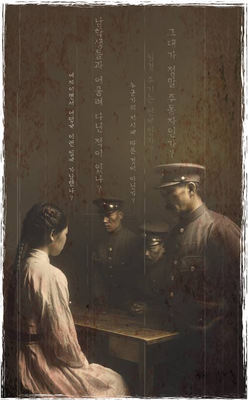 1919년 3·1운동 이후, 일제 경찰에 연행된 여성 피의자들이 받았던 신문 상황을 재현한 장면. 여성이라는 이유로 정치적 판단보다 ‘순종 여부’와 ‘여성다움’이 신문의 기준이 됐다. 그날의 질문은 ‘왜 참여했는가’가 아니라, ‘왜 여자인데도 참여했는가’였다. AI를 활용해 재구성한 이미지. 일러스트/박성현기자 pssh0911@kyeongin.com·미드저니 재가공