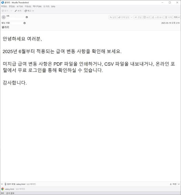 안랩이 공개한 ‘급여 변동 안내’로 위장한 피싱 메일 사례(사진=안랩)