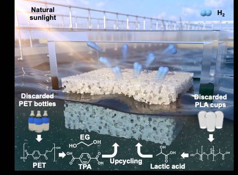 기초과학연구원은 햇빛만으로 폐 페트병에서 수소를 생산할 수 있는 광촉매 시스템을 개발했다. IBS 제공