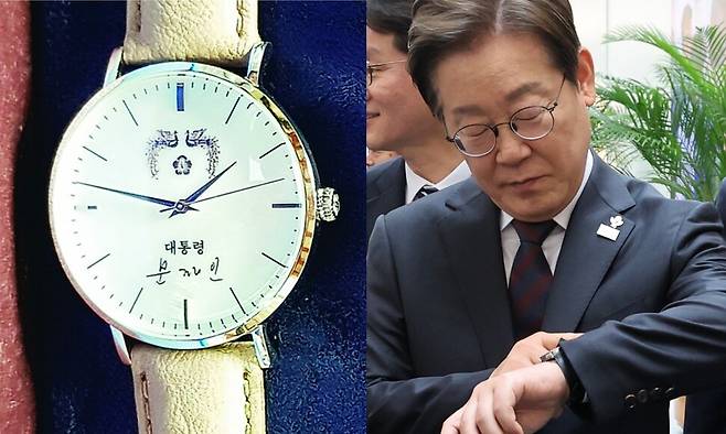 (왼쪽) 큰 인기를 끌었던 문재인 전 대통령 기념시계와 (오른쪽) 10일 서울 용산 대통령실 청사에서 시계를 보고 있는 이재명 대통령. 한겨레 자료사진, 연합뉴스