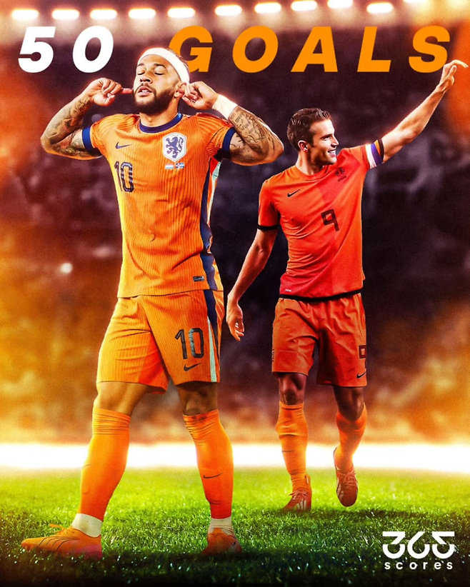 네덜란드 데파이(왼쪽)가 11일 몰타를 상대로 멀티골을 기록, A매치 통산 50호 골 고지를 점령하며 반 페르시와 함께 최다 득점 부문 공동 1위가 됐다. 사진=365Score