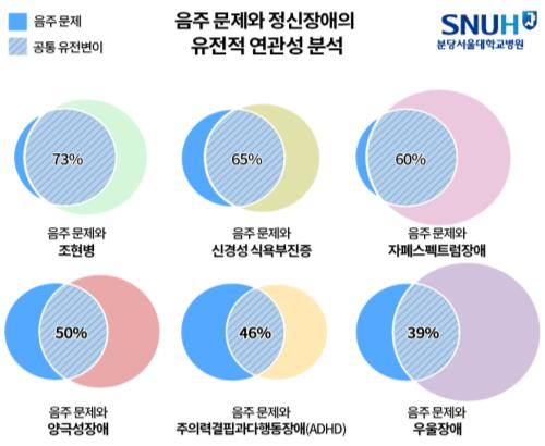 음주 문제에 연관된 유전변이와 각각의 정신장애 관련 유전변이 중 공유하고 있는 유전변이의 비율. 원의 크기는 해당 질환을 설명하는 유전변이의 개수를 의미한다. 분당서울대병원 제공
