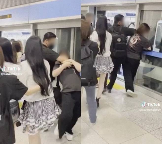 걸그룹 하츠투하츠 경호원이 공항에서 A 씨를 제압하는 영상. [SNS]