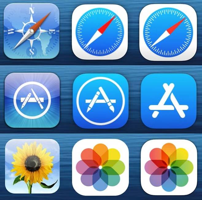 애플 앱 아이콘의 변천 과정. 가장 왼쪽은 1세대 아이폰부터 적용된 '스큐어모피즘' 디자인 기법의 아이콘이고 가운데는 2013년 iOS 7 업데이트 이후 미니멀리즘 기법으로 바뀐 아이콘 형태다. 가장 오른쪽은 iOS 7 이후 세부 사항이 변경된 앱 아이콘의 모습. (사진=노벨테크 유튜브 캡처) *재판매 및 DB 금지