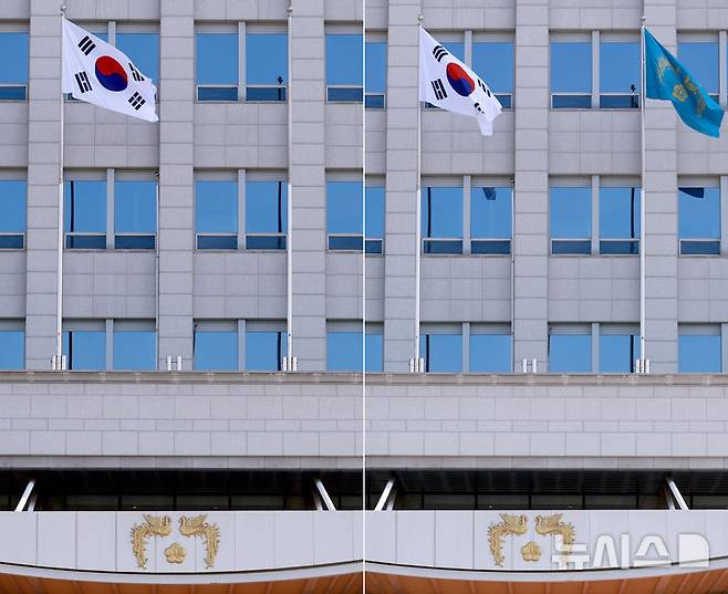 [서울=뉴시스] 최진석 기자 = 제21대 이재명 대통령 임기가 시작된 4일 서울 용산 대통령실 청사에 봉황기가 게양돼 있다. 왼쪽은 이날 봉황기 게양 전의 모습. (대통령실통신사진기자단) 2025.06.04. myjs@newsis.com