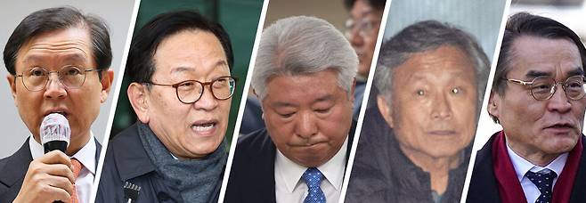 신윤(新尹) 법조인으로 꼽히는 (왼쪽부터) 윤갑근 전 대구고검장, 석동현 전 서울동부지검장, 김홍일 전 부산고검장,&nbsp;송해은 전 서울동부지검장, 배보윤 전 헌법재판소 헌법연구관 ⓒ시사저널 양선영 디자이너·연합뉴스