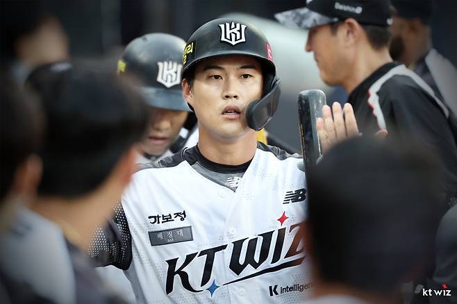 KT 배정대가 10일 수원KT위즈파크에서 열린 롯데와 홈경기 3회말 동점 2점홈런을 날린 뒤 덕아웃에서 동료들의 환호를 받고 있다. 사진제공|KT 위즈