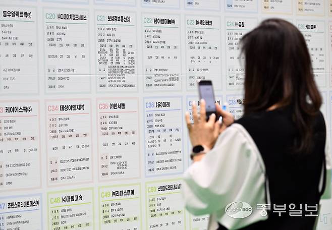 12일 오후 평택시 이충문화체육센터에서 열린 '2025년 상반기 평택시 일자리박람회'를 방문한 시민들이 채용게시판을 살펴보고 있다. 임채운기자