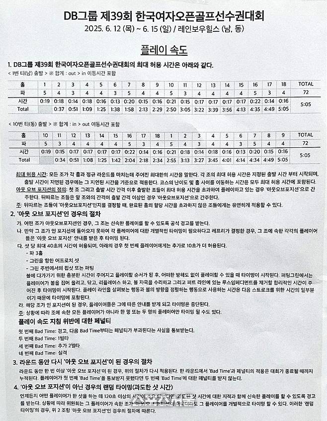 DB그룹 제39회 한국여자오픈이 열린 레인보우 힐스에 비치된 최대 허용 시간 규정. 사진 | 음성=장강훈 기자 zzang@sportsseoul.com