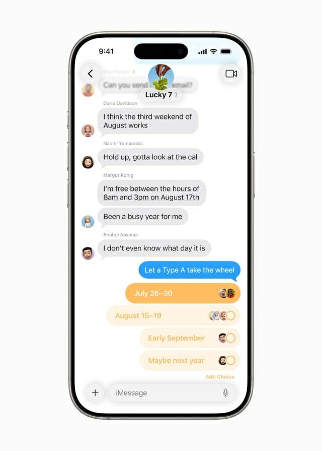 애플이 iOS 26에서 메시지 앱에 신규 기능을 대거 추가했다. 사진은 그룹 채팅 중 설문조사를 할 수 있는 기능 (사진=애플)