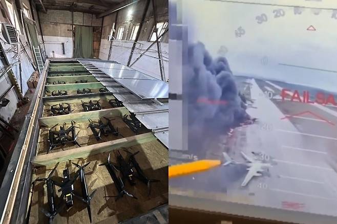 우크라이나 보안국(SBU)이 지난 1일(현지 시각) 러시아 본토에 있는 공군기지를 목표로 대규모 드론 공격을 감행했다. 사진=엑스(@maria_avdv/@frontlinekit) 캡처