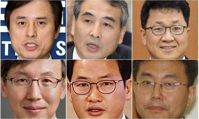 더불어민주당이 12일 ‘3대 특검’(내란·김건희·채상병 특검) 후보자로 추천한 (왼쪽 위부터) 조은석 전 감사원장 직무대행, 민중기 전 서울중앙지방법원장, 이윤제 명지대 법과대학 교수. 조국혁신당이 추천한 (왼쪽 아래부터) 한동수 전 대검찰청 감찰부장, 심재철 전 법무부 검찰국장, 이명현 전 국방부 검찰단 고등검찰부장. 연합뉴스