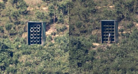 지난해 10월 2일 오전 경기 파주시 오두산 통일전망대에서 바라본 황해북도 개풍군에 위치한 대남확성기(오른쪽)와 지난달 25일 촬영한 원형 스피커의 대남확성기. 최기웅 기자