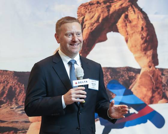 Jeff Moomaw, vice president for Asia Pacific for Delta Air Lines, speaks during a press conference celebrating the airline's opening of a new route connecting Incheon and Salt Lake City, Utah, in central on June 12. [DELTA AIR LINES]