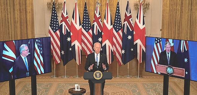 2021년 9월 15일 오커스 창설을 알리며 조 바이든 미국 대통령이 연설하는 모습. <주호주 미국대사관>