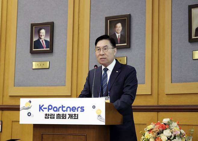 류석현 한국기계연구원장이 12일 열린 ‘K-Partners 창립총회’에서 개회사를 하고 있다.[한국기계연구원 제공]