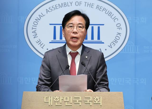 ▲국민의힘 송언석 의원이 12일 서울 여의도 국회 소통관에서 원내대표 출마 선언을 하고 있다. ⓒ연합뉴스