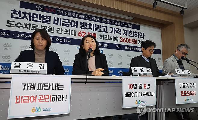 경실련, 비급여 실태 조사 발표 (서울=연합뉴스) 한상균 기자 = 경제정의실천시민연합이 6일 서울 종로구 경실련에서 '병원 비급여 가격 실태 및 합리화 방안 설문조사 결과 발표' 기자회견을 하고 있다. 2025.1.6 xyz@yna.co.kr
